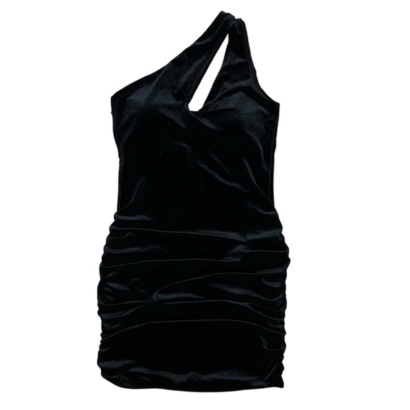 Klassy Network Black Velvet One Shoulder Ruched Mini Dress Medium Side Zip - Picture 1 of 7